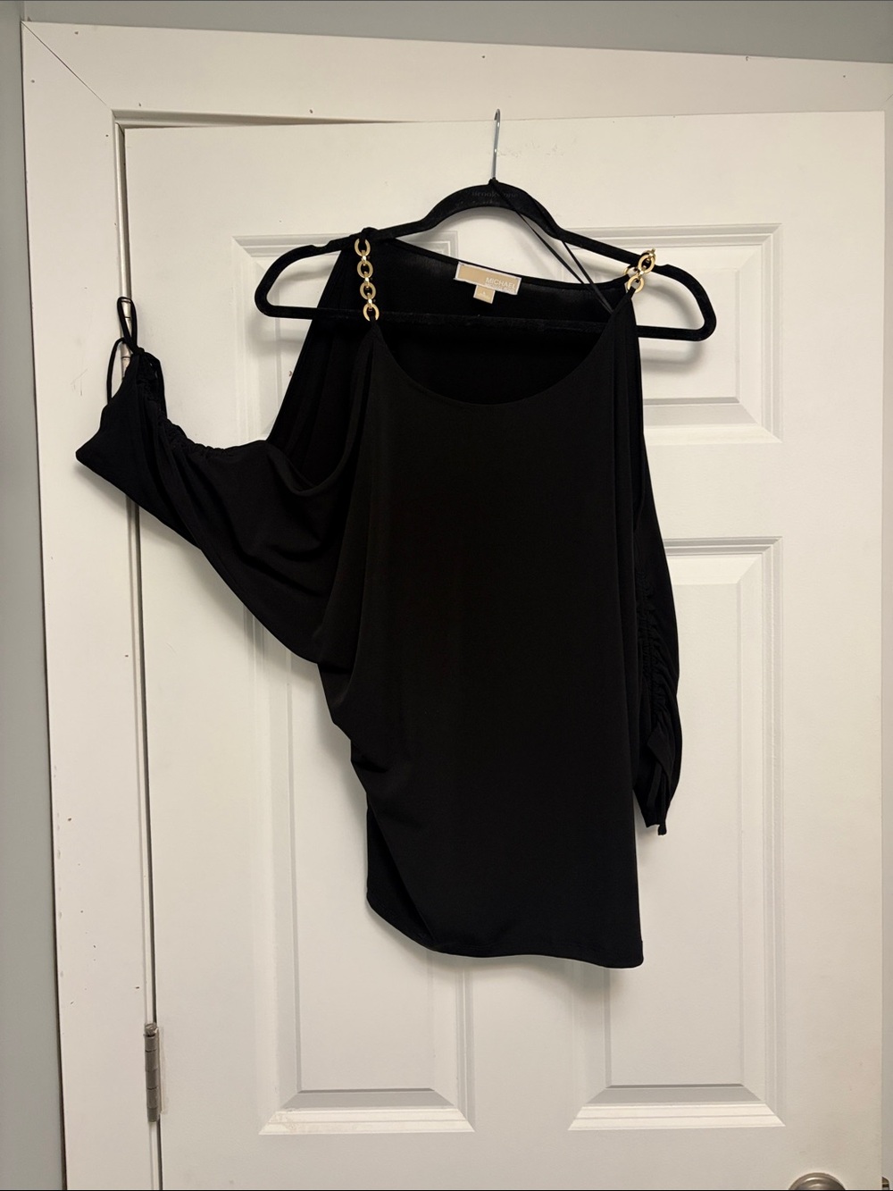 Michael Kors Black Cold-Shoulder Draped Tunic with Ruched Sleeve